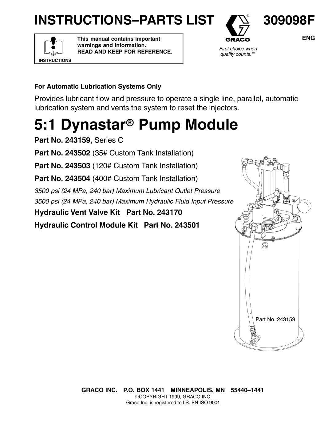 Graco 309098F manual For Automatic Lubrication Systems Only, This manual contains important warnings and information 