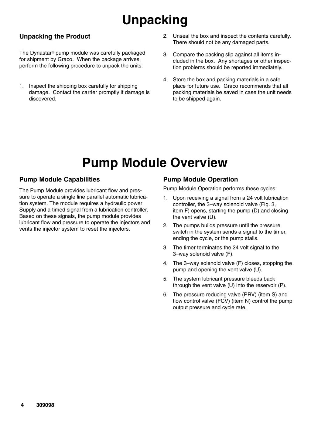 Graco 309098F manual Pump Module Overview, Unpacking the Product, Pump Module Capabilities, Pump Module Operation 