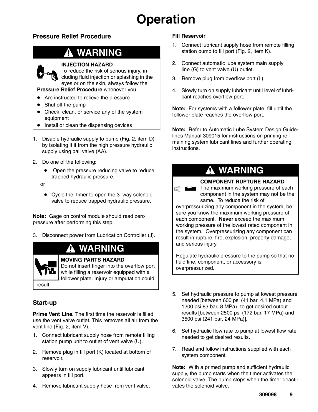 Graco 309098F manual Operation, Start-up, Pressure Relief Procedure whenever you, Fill Reservoir 