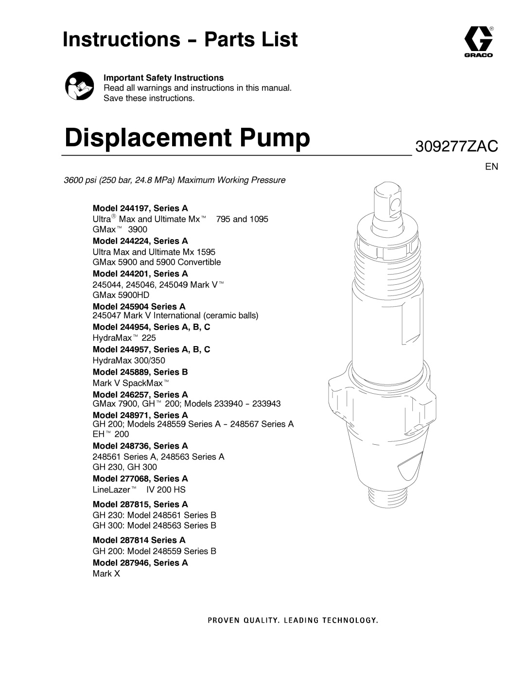 Graco 309277ZAC important safety instructions Displacement Pump, Instructions -- Parts List 