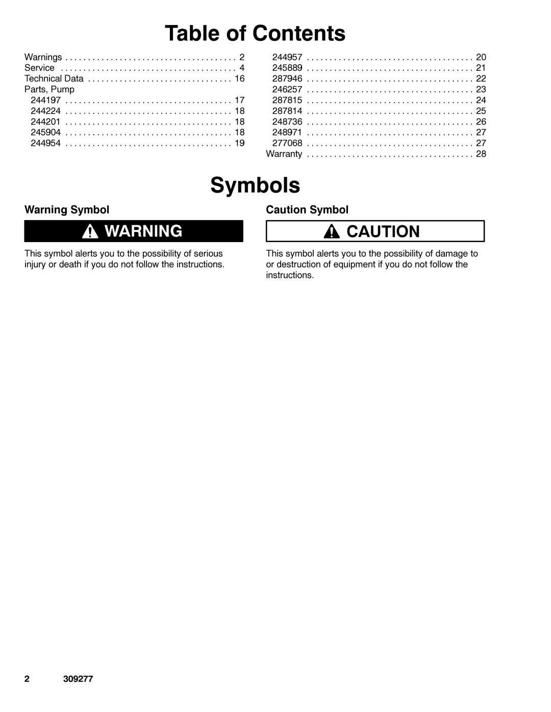 Graco 309277ZAC important safety instructions Table of Contents, Symbols 