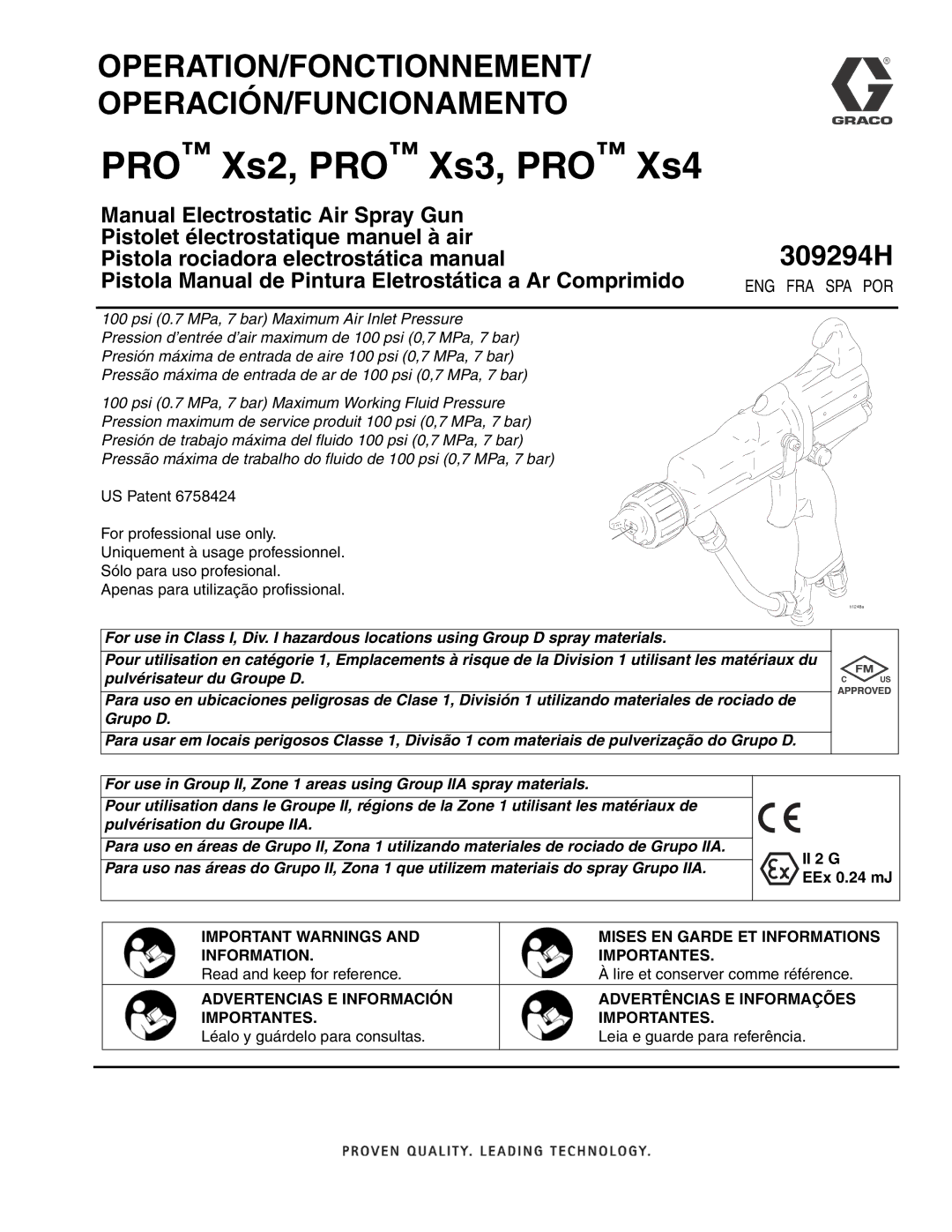 Graco 309294H manual PRO Xs2, PRO Xs3, PRO Xs4 