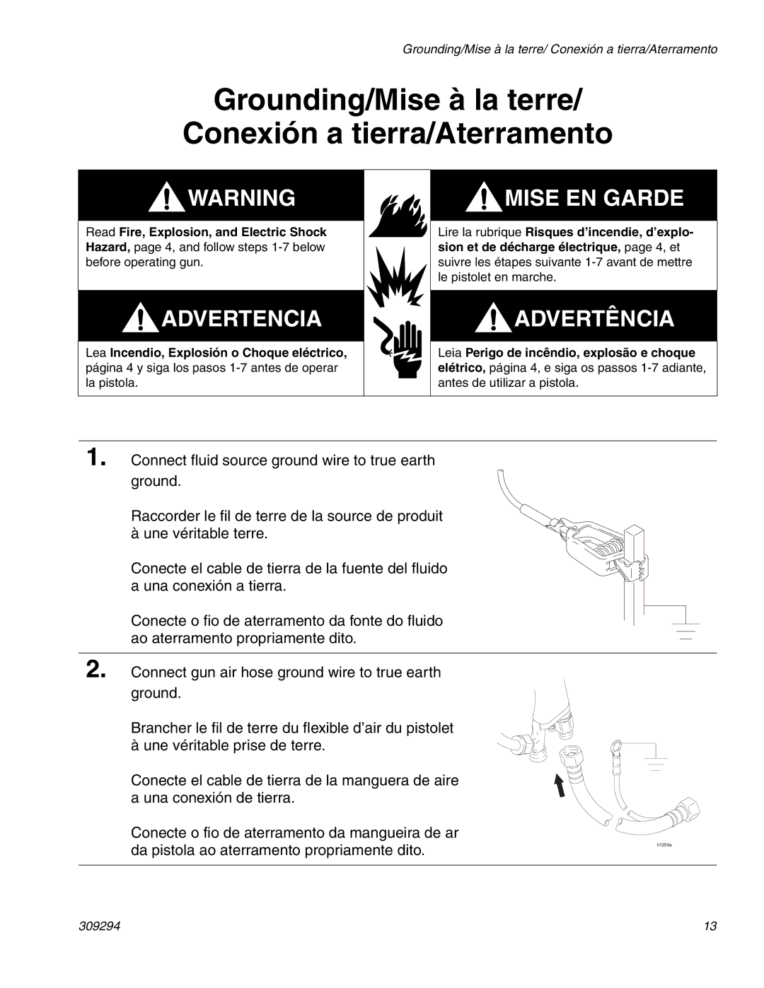 Graco 309294H manual Grounding/Mise à la terre Conexión a tierra/Aterramento, Advertencia 