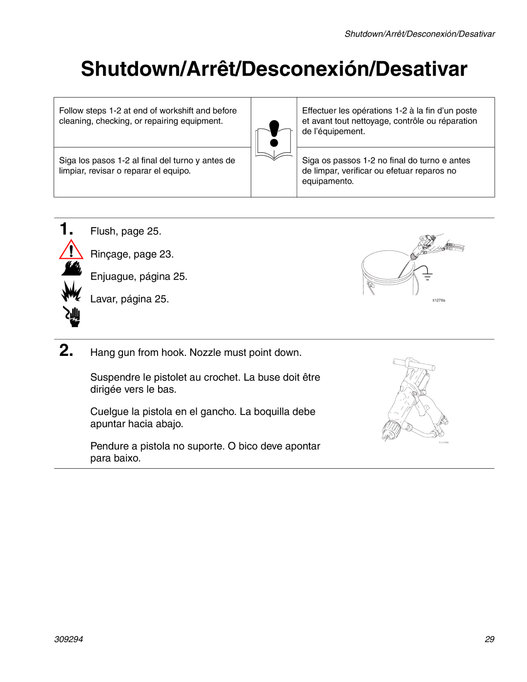 Graco 309294H manual Shutdown/Arrêt/Desconexión/Desativar 