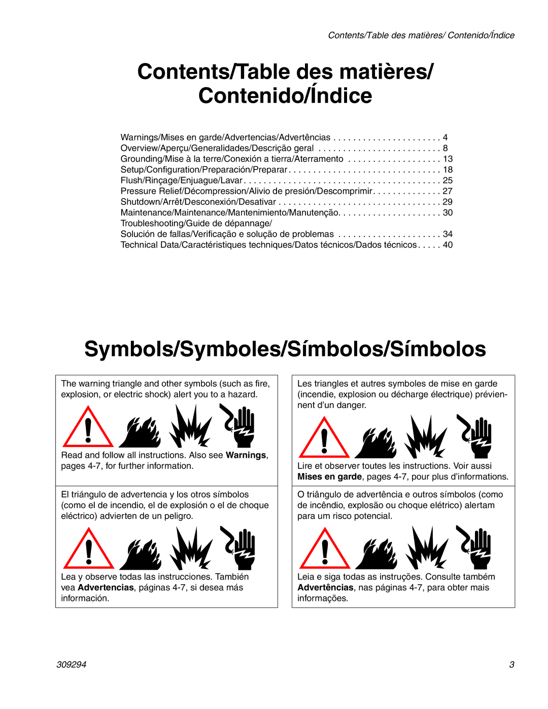 Graco 309294H manual Contents/Table des matières Contenido/Índice, Symbols/Symboles/Símbolos/Símbolos 