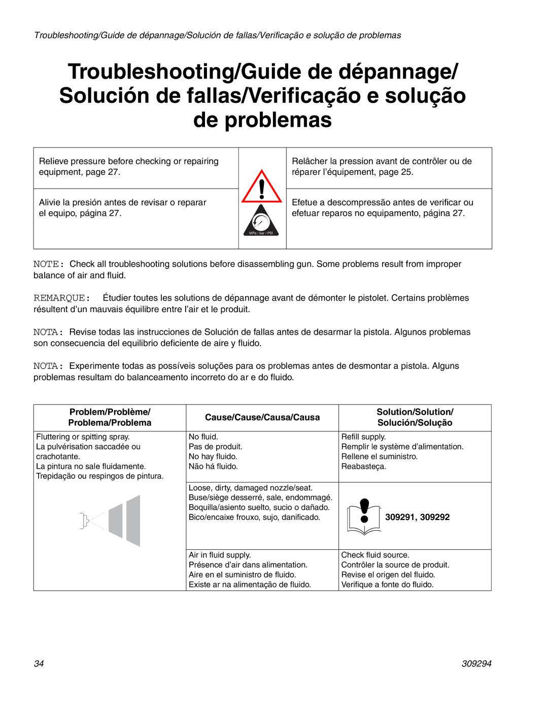 Graco 309294H manual Boquilla/asiento suelto, sucio o dañado 