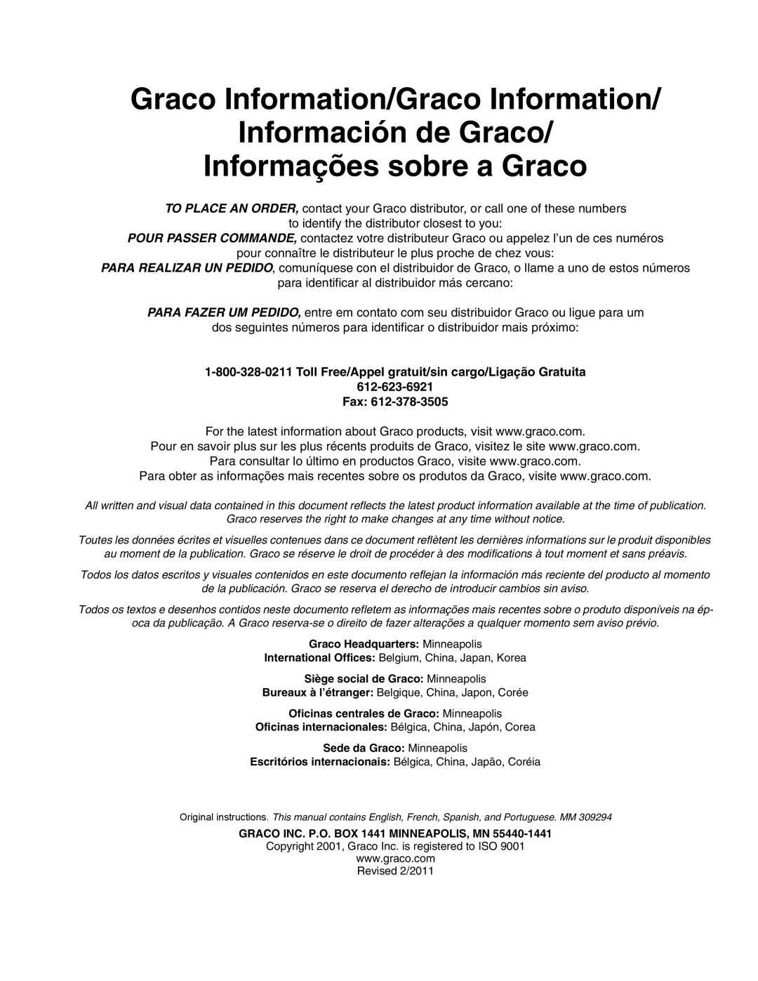 Graco 309294H manual Toll Free/Appel gratuit/sin cargo/Ligação Gratuita Fax 