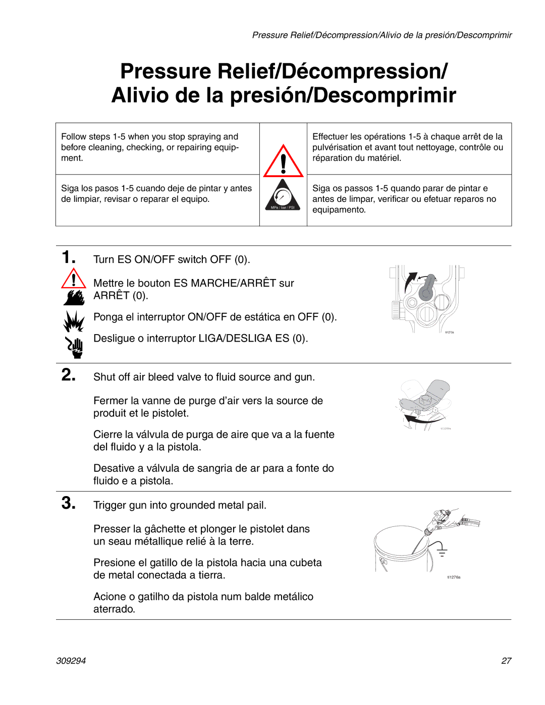 Graco 309294J manual Acione o gatilho da pistola num balde metálico aterrado 