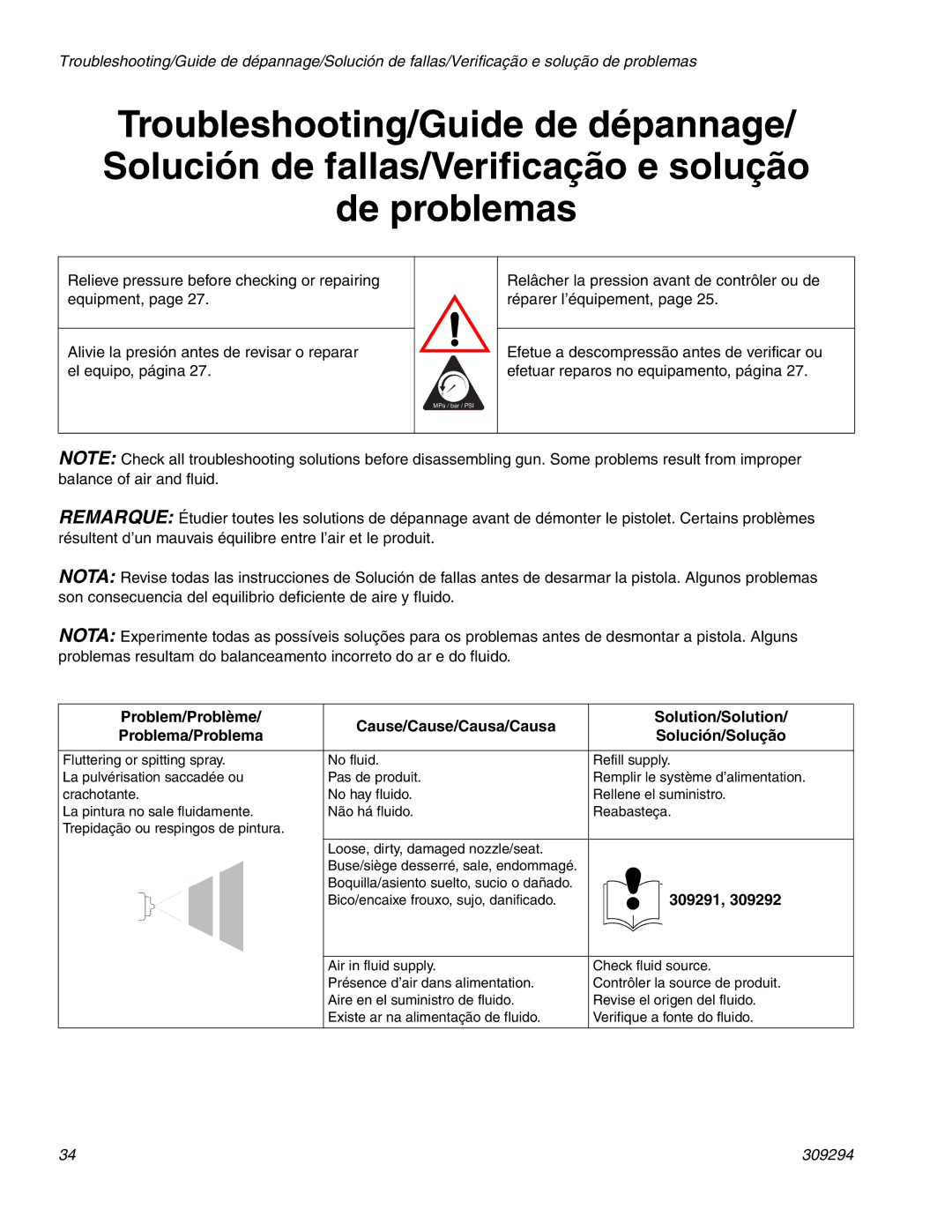 Graco 309294J manual Boquilla/asiento suelto, sucio o dañado 