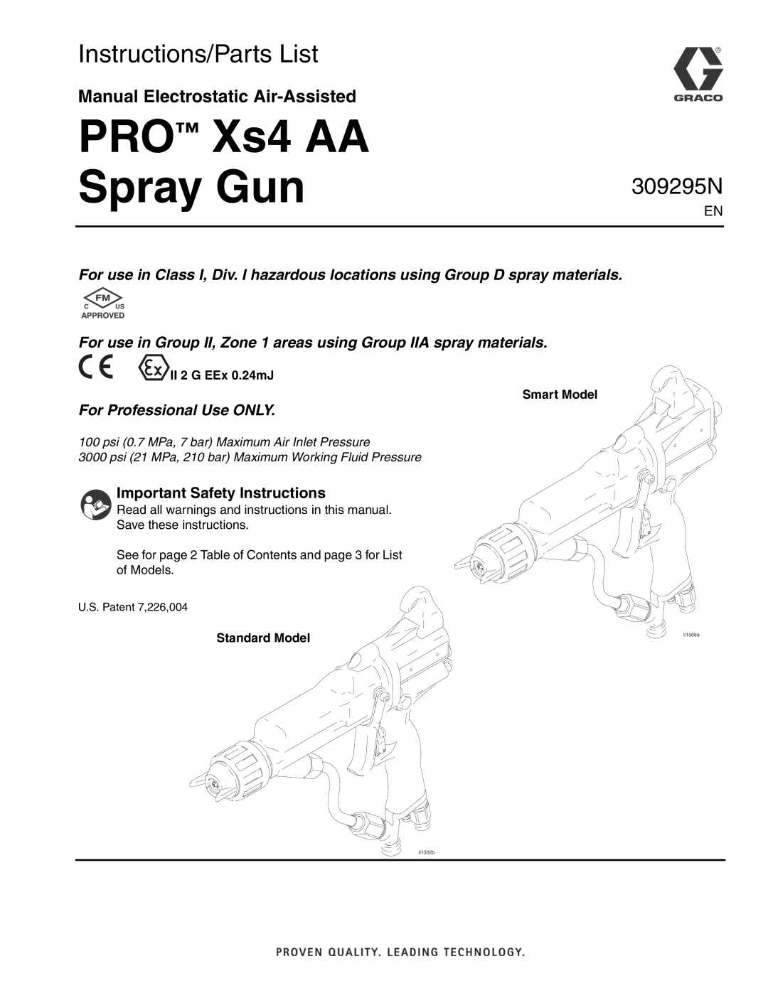 Graco 309295N important safety instructions Important Safety Instructions, II 2 G EEx 0.24mJ Smart Model 