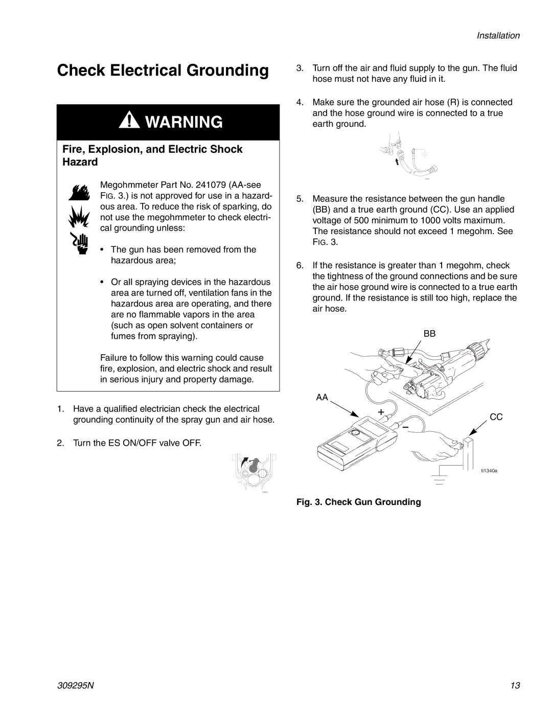 Graco 309295N important safety instructions Check Electrical Grounding, Check Gun Grounding 