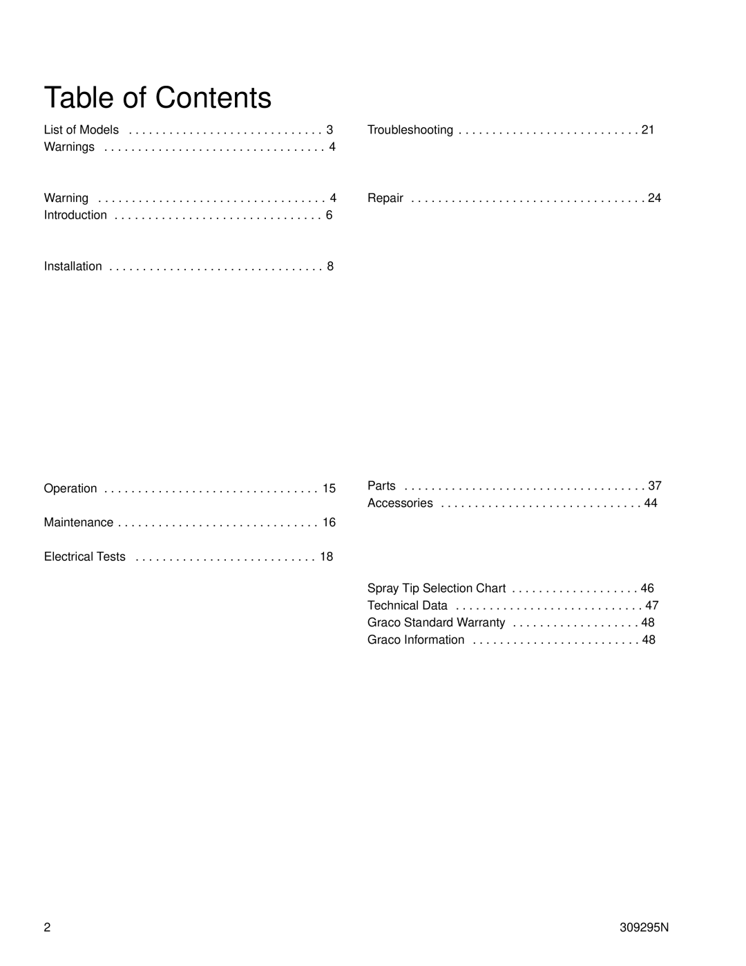 Graco 309295N important safety instructions Table of Contents 