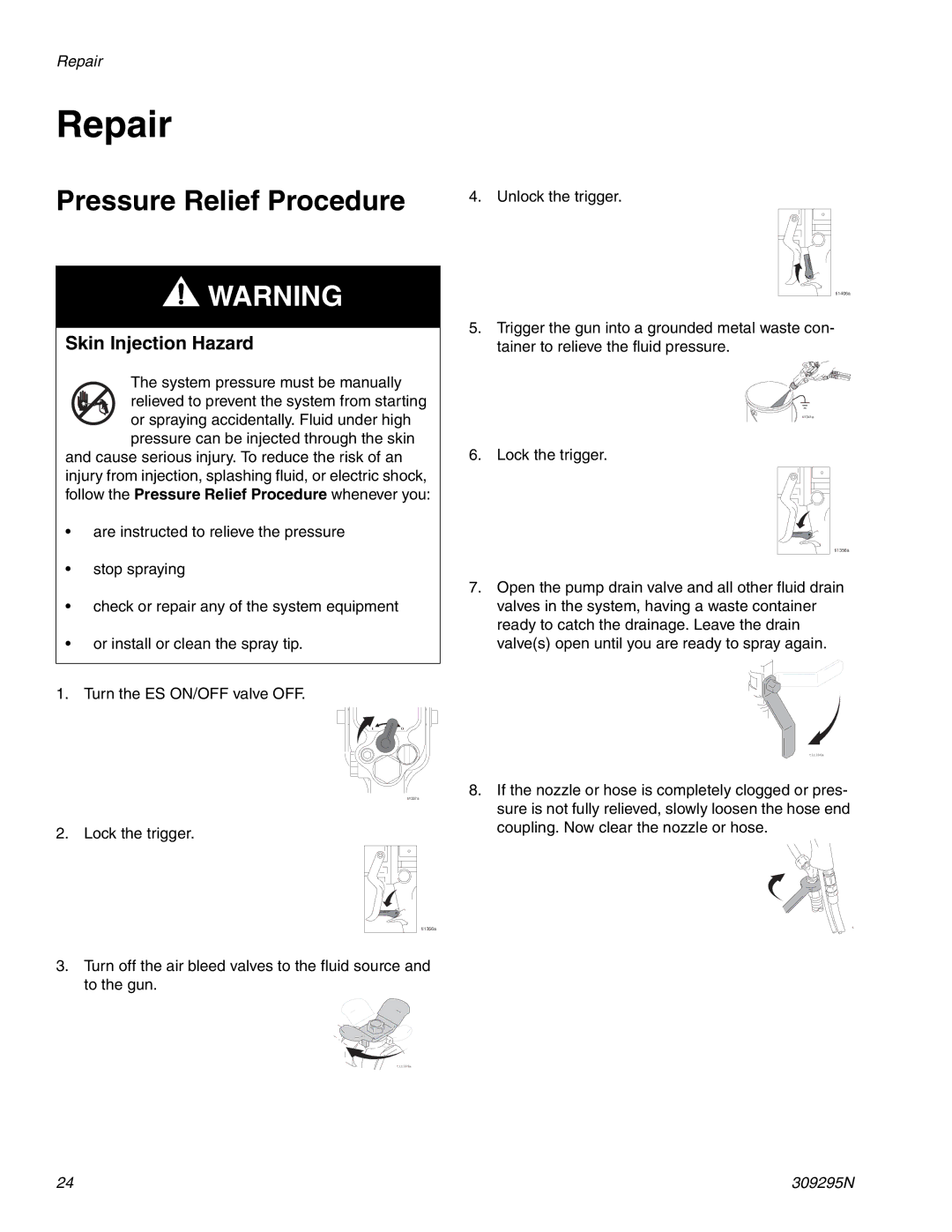 Graco 309295N important safety instructions Repair, Pressure Relief Procedure 