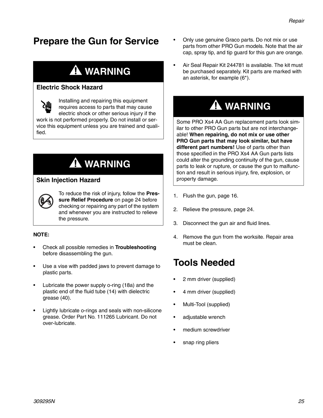 Graco 309295N important safety instructions Prepare the Gun for Service, Tools Needed 