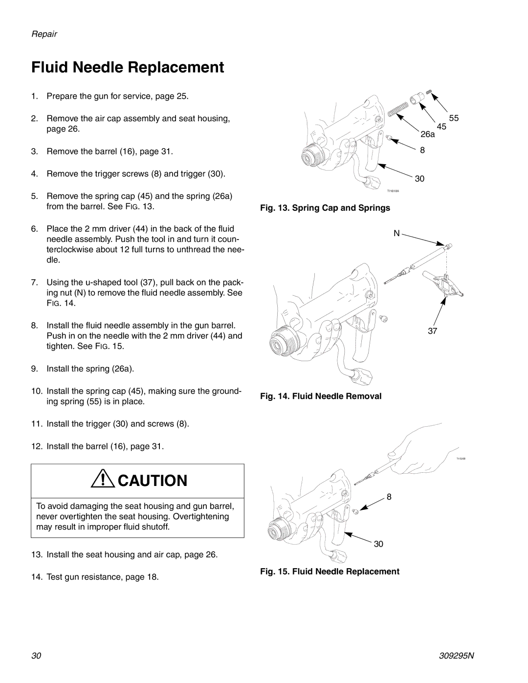 Graco 309295N important safety instructions Fluid Needle Replacement, Spring Cap and Springs 