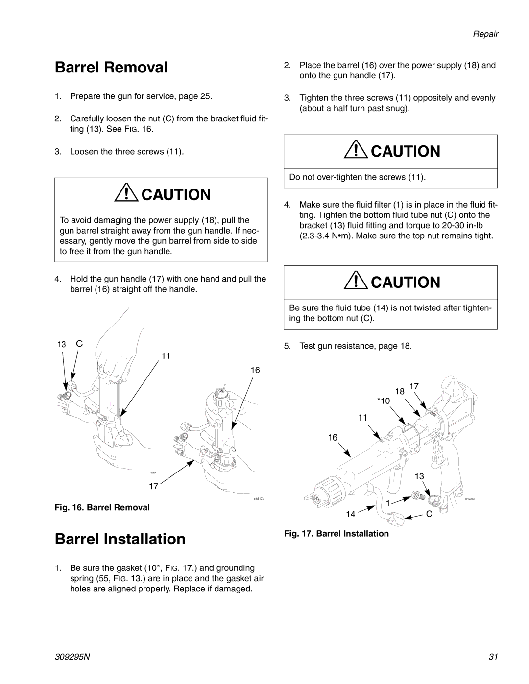 Graco 309295N important safety instructions Barrel Removal, Barrel Installation 