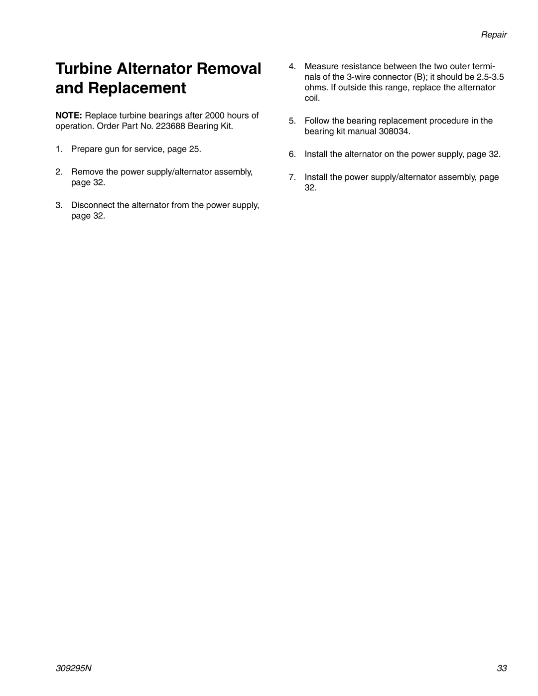 Graco 309295N important safety instructions Turbine Alternator Removal and Replacement 