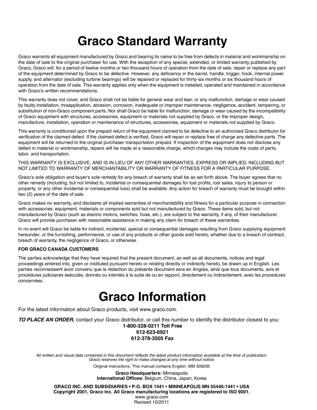 Graco 309295N important safety instructions Graco Standard Warranty, Graco Information, Toll Free 