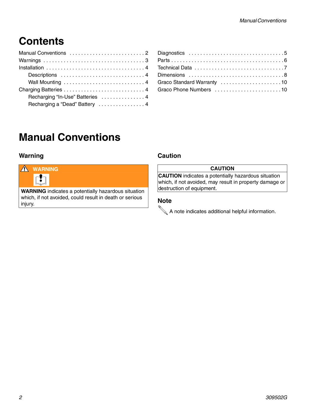 Graco 309502G instruction manual Manual Conventions, Contents 