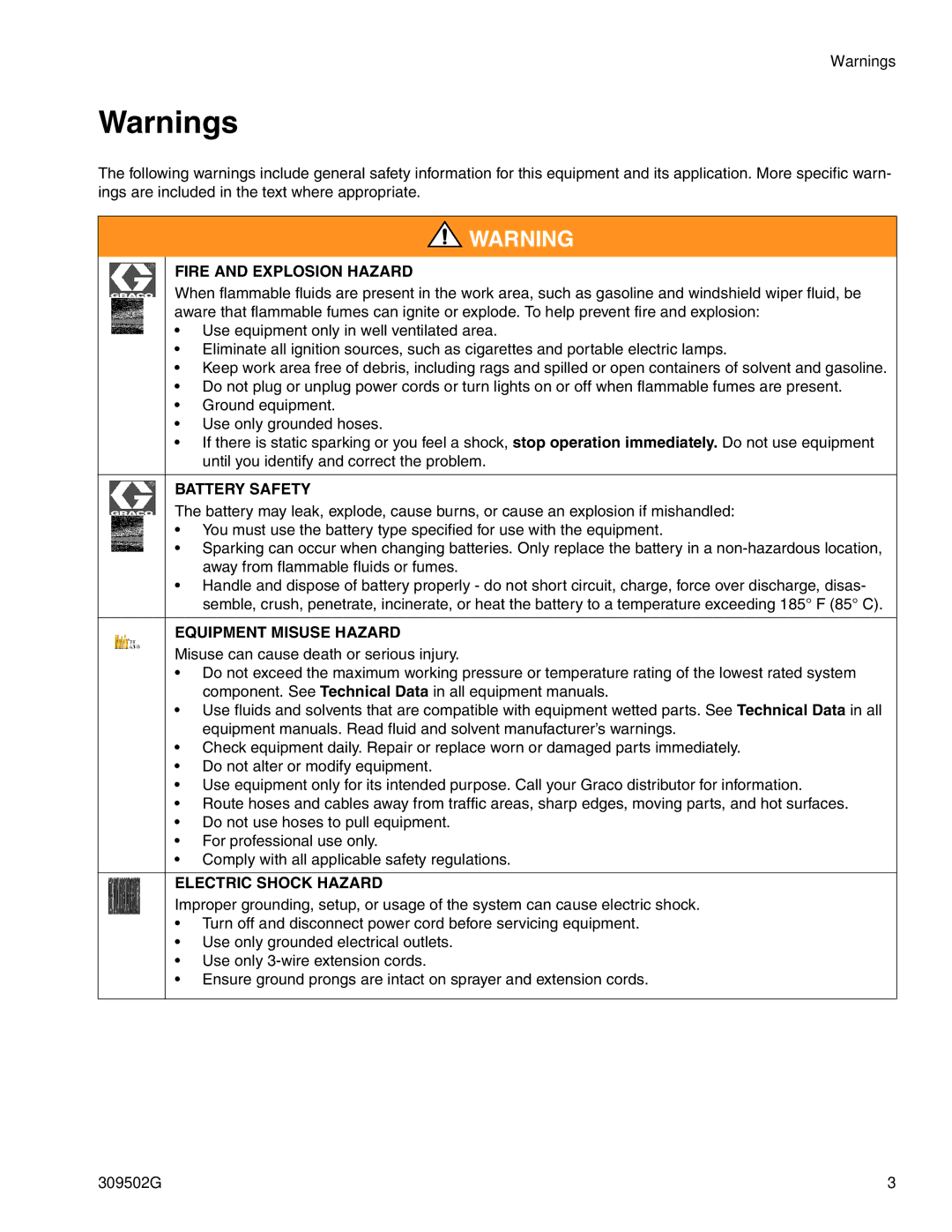 Graco 309502G instruction manual Fire and Explosion Hazard 