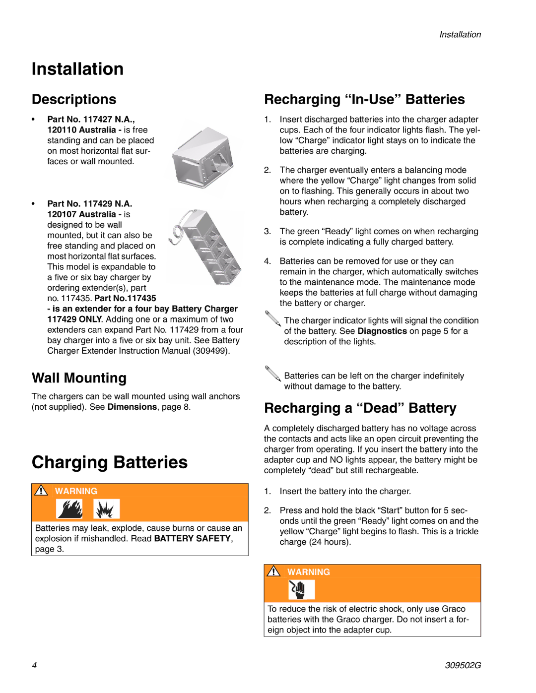 Graco 309502G instruction manual Installation, Charging Batteries 