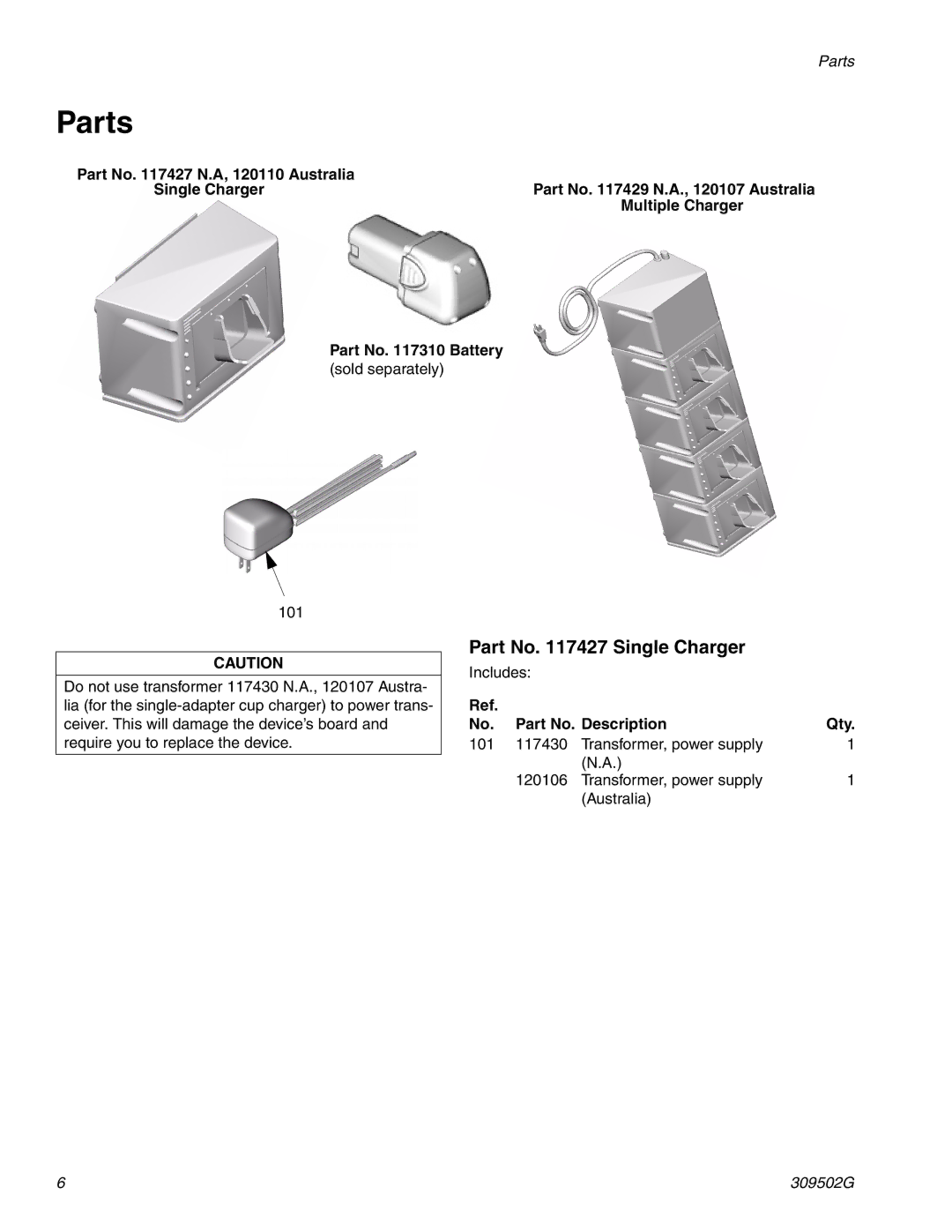 Graco 309502G instruction manual Parts, Part No Single Charger 