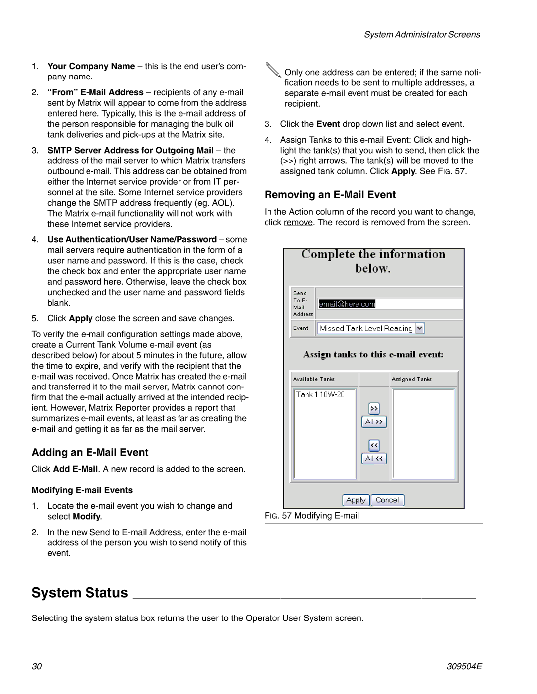 Graco 309504E instruction manual System Status, Adding an E-Mail Event, Removing an E-Mail Event, Modifying E-mail Events 