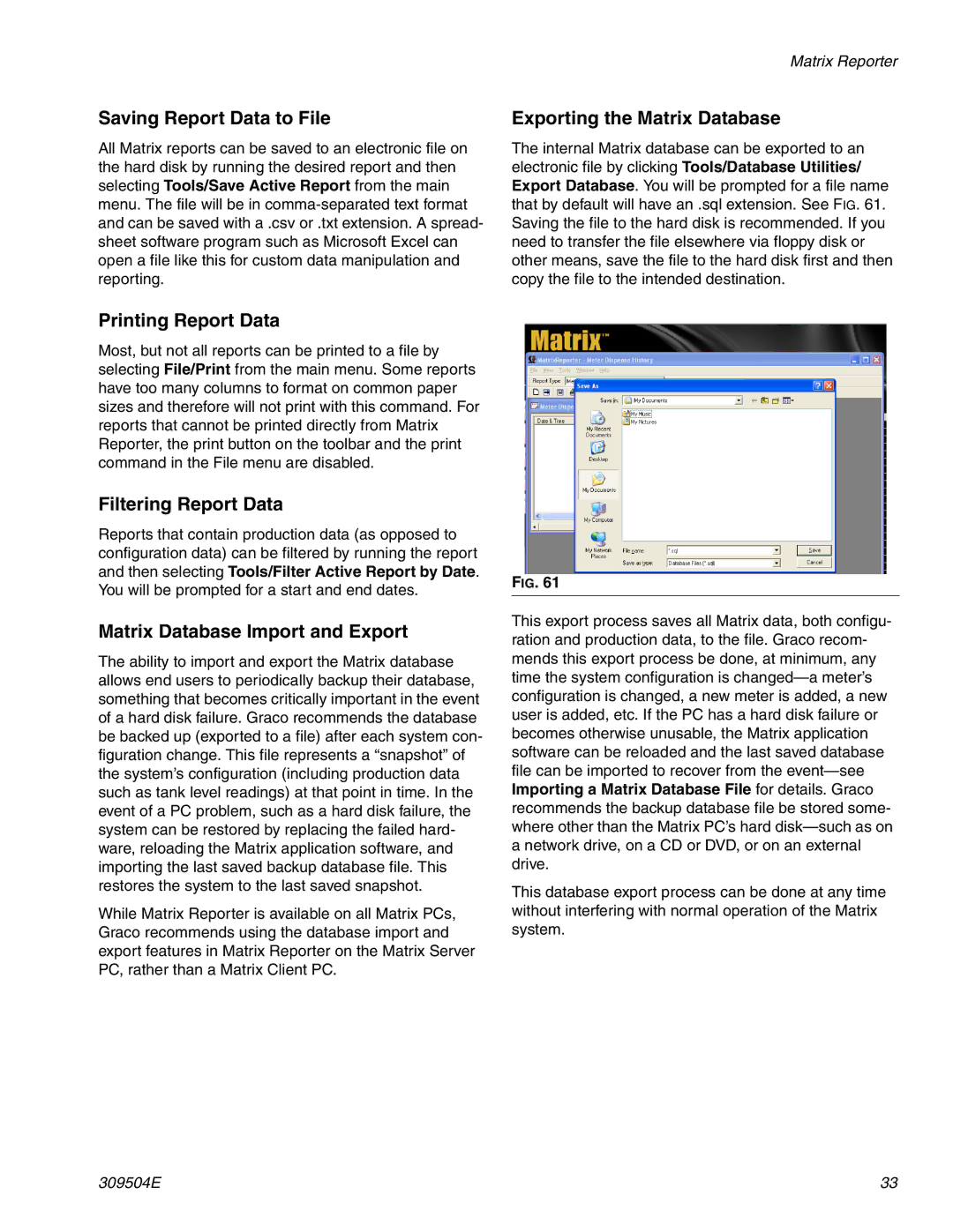 Graco 309504E Saving Report Data to File, Exporting the Matrix Database, Printing Report Data, Filtering Report Data 