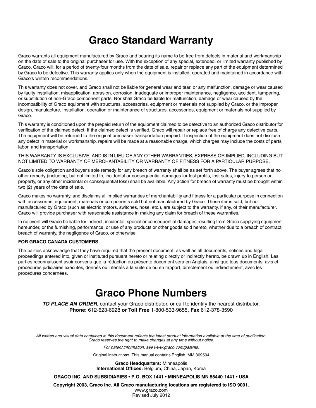 Graco 309504E instruction manual Graco Standard Warranty, Graco Phone Numbers 