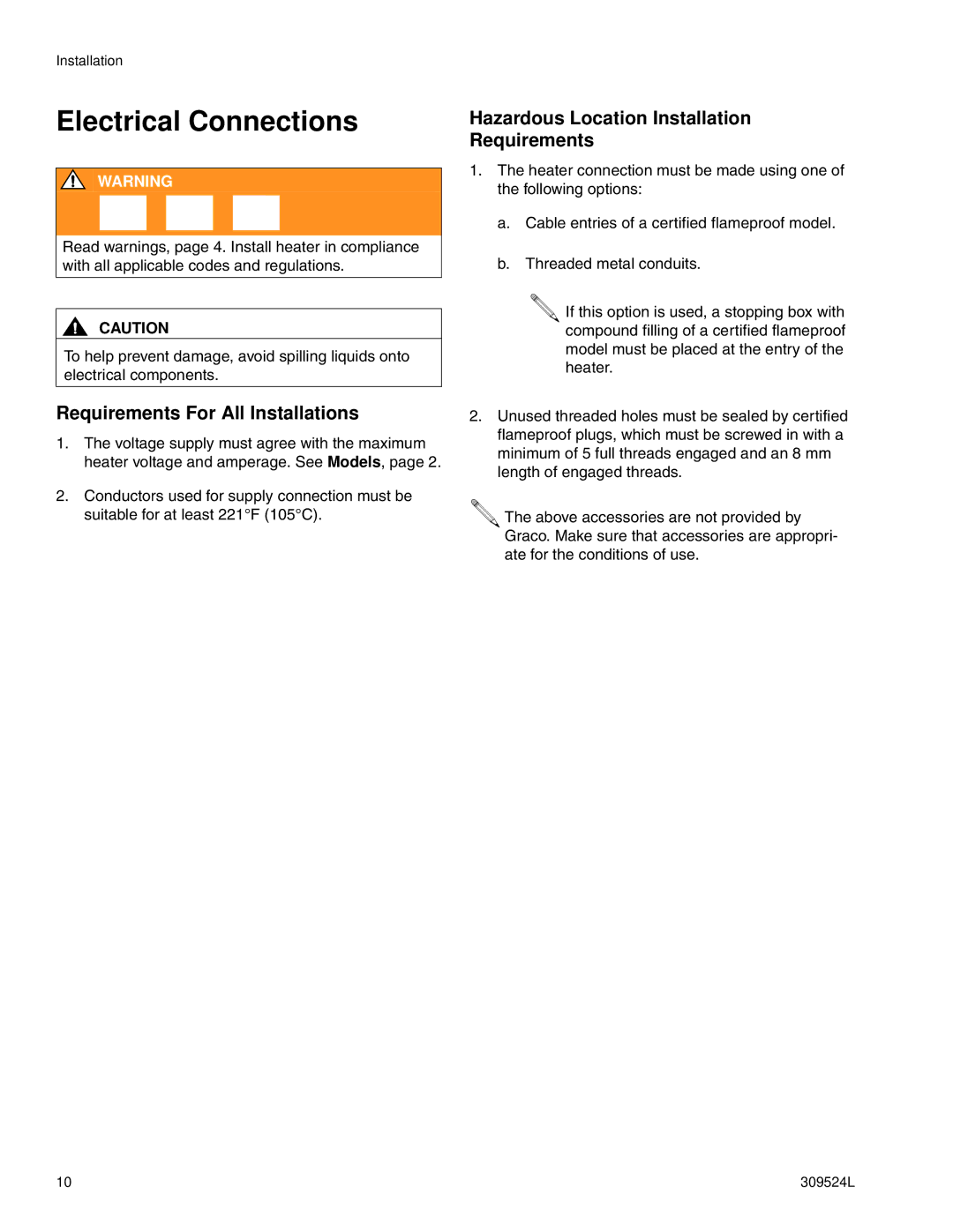 Graco 309524L Electrical Connections, Requirements For All Installations, Hazardous Location Installation Requirements 