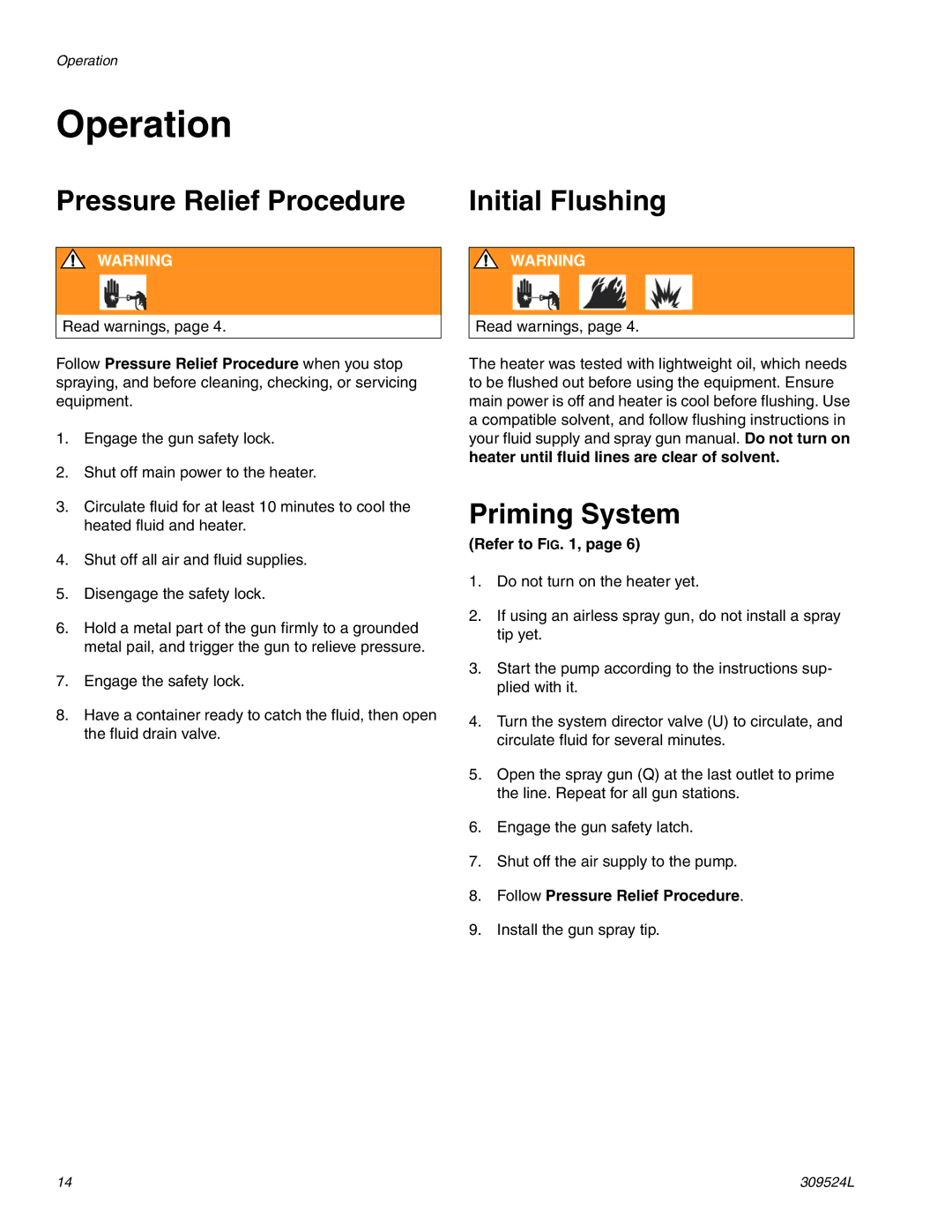 Graco 309524L important safety instructions Operation, Pressure Relief Procedure, Initial Flushing, Priming System 