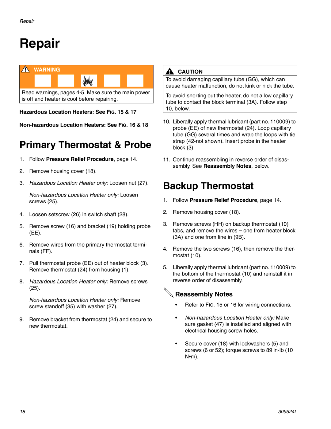 Graco 309524L important safety instructions Repair, Primary Thermostat & Probe, Backup Thermostat, Reassembly Notes 