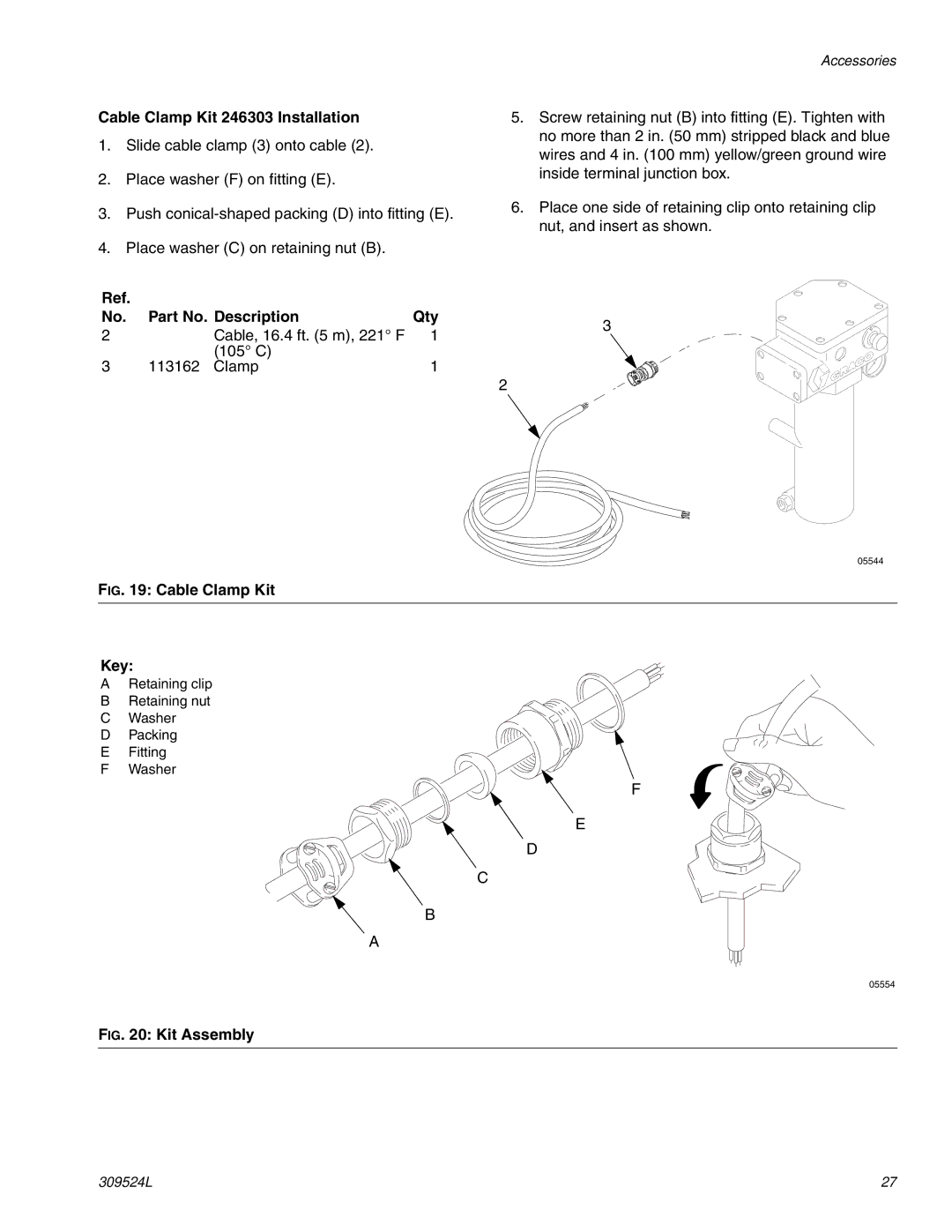 Graco 309524L important safety instructions Cable Clamp Kit 246303 Installation, Cable Clamp Kit Key 