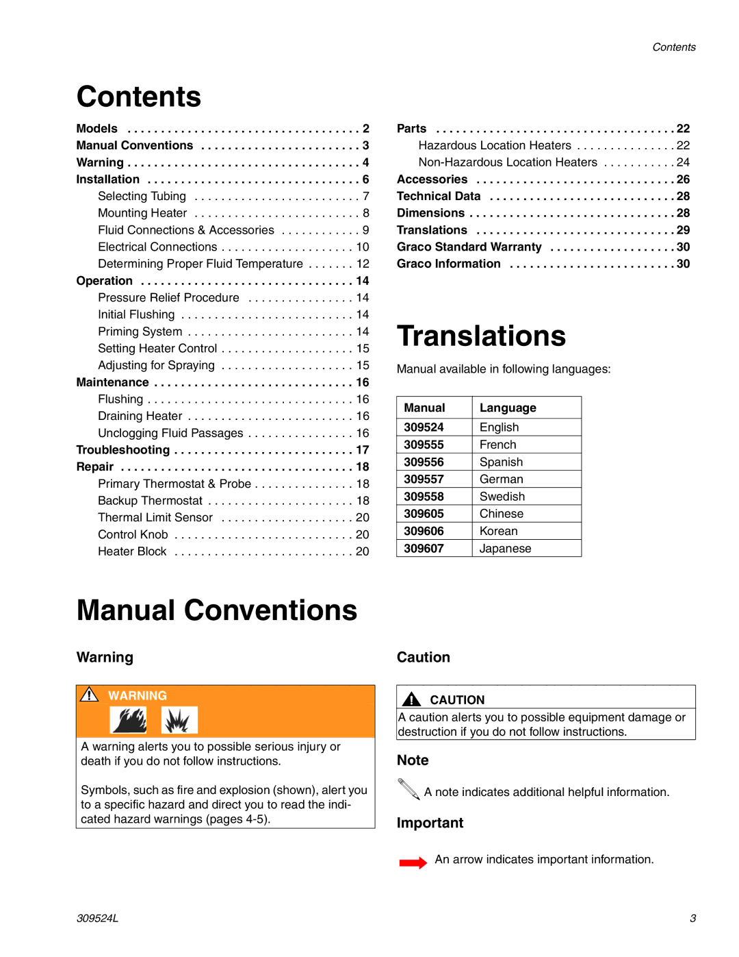 Graco 309524L important safety instructions Contents, Translations, Manual Conventions 