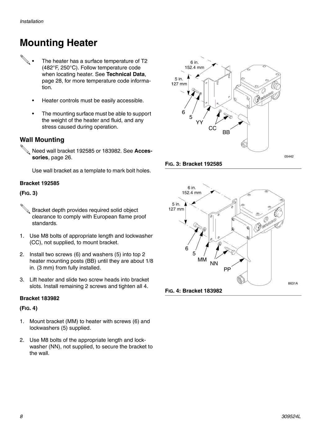 Graco 309524L important safety instructions Mounting Heater, Wall Mounting, Bracket 