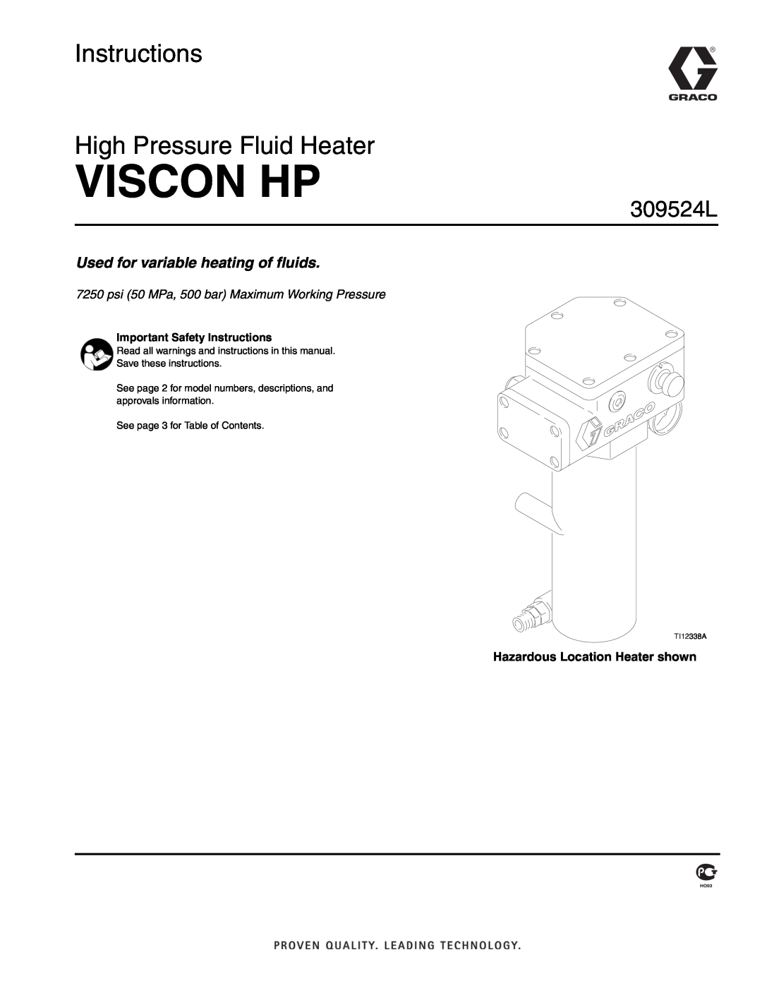 Graco 309524L important safety instructions Hazardous Location Heater shown, Viscon Hp, Important Safety Instructions 