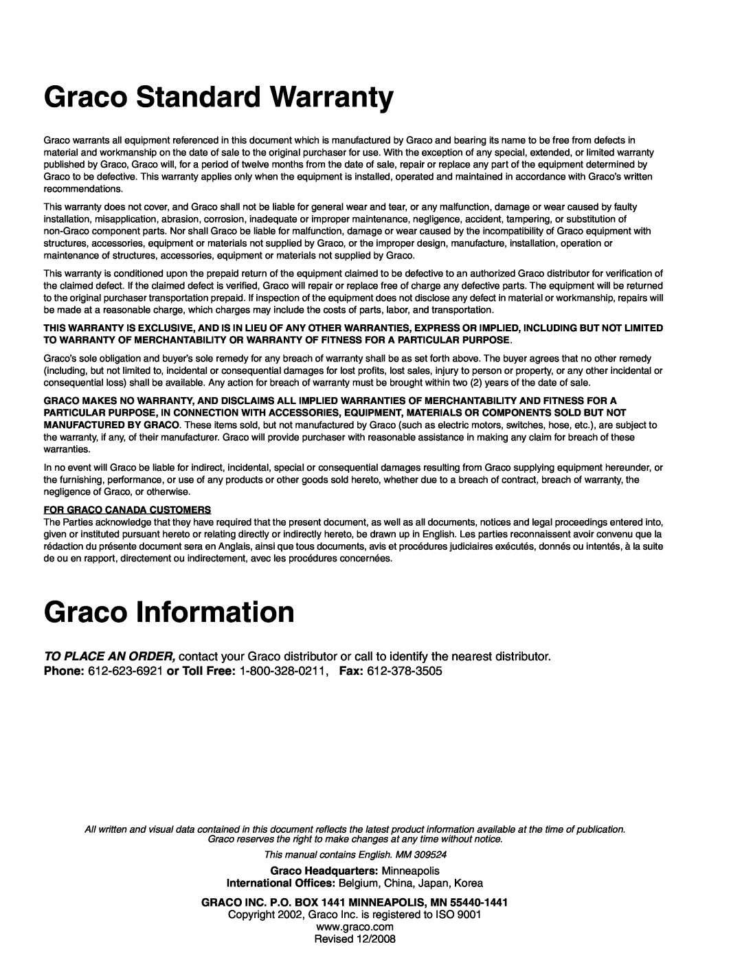 Graco 309524L important safety instructions Graco Standard Warranty, Graco Information, Graco Headquarters Minneapolis 