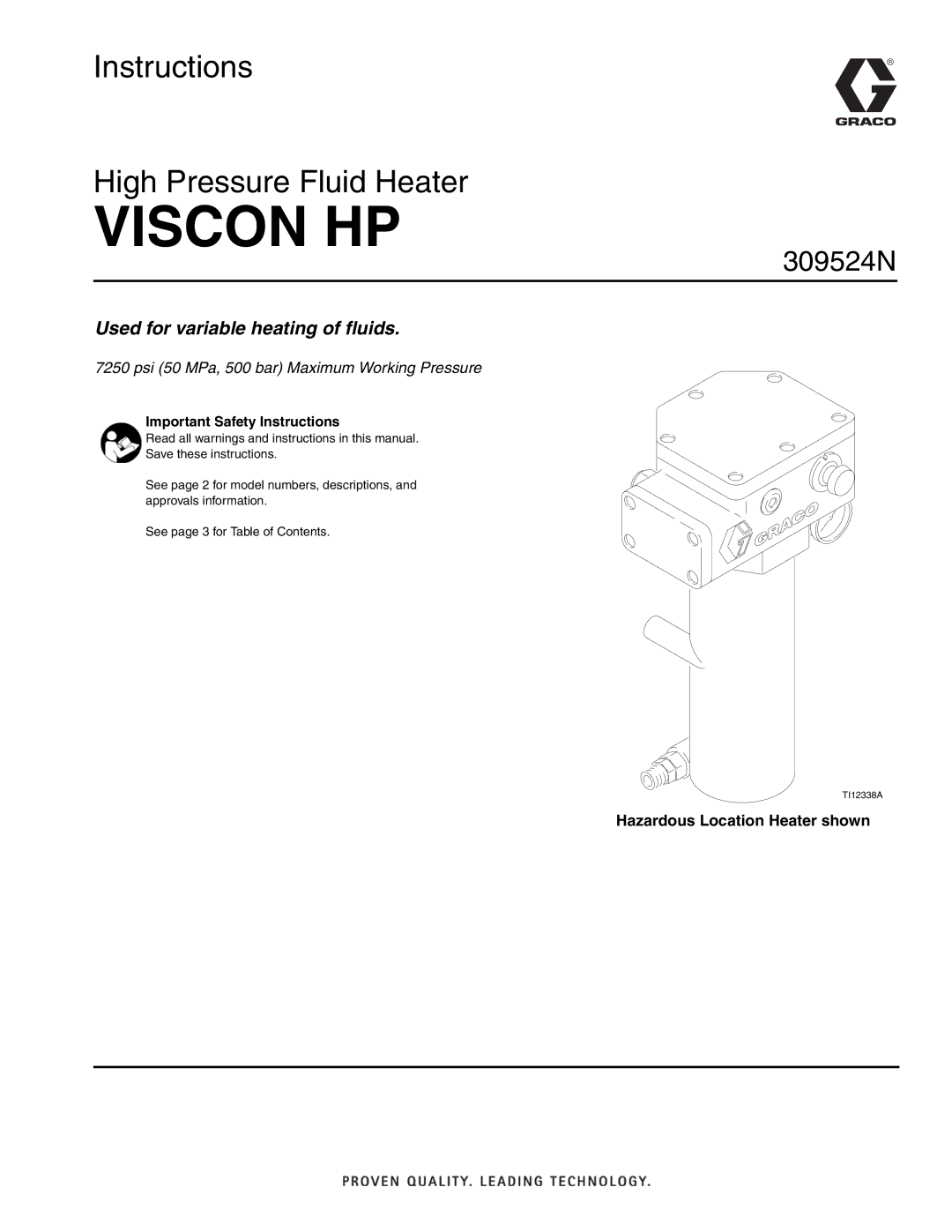 Graco 309524N important safety instructions Viscon HP, Hazardous Location Heater shown 