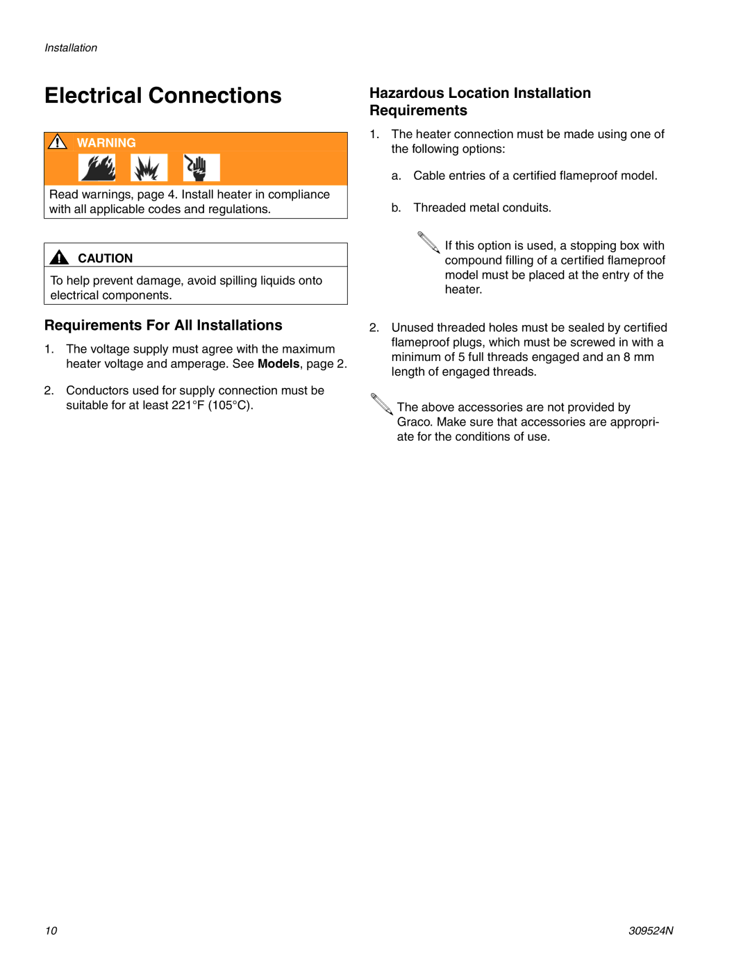 Graco 309524N Electrical Connections, Requirements For All Installations, Hazardous Location Installation Requirements 