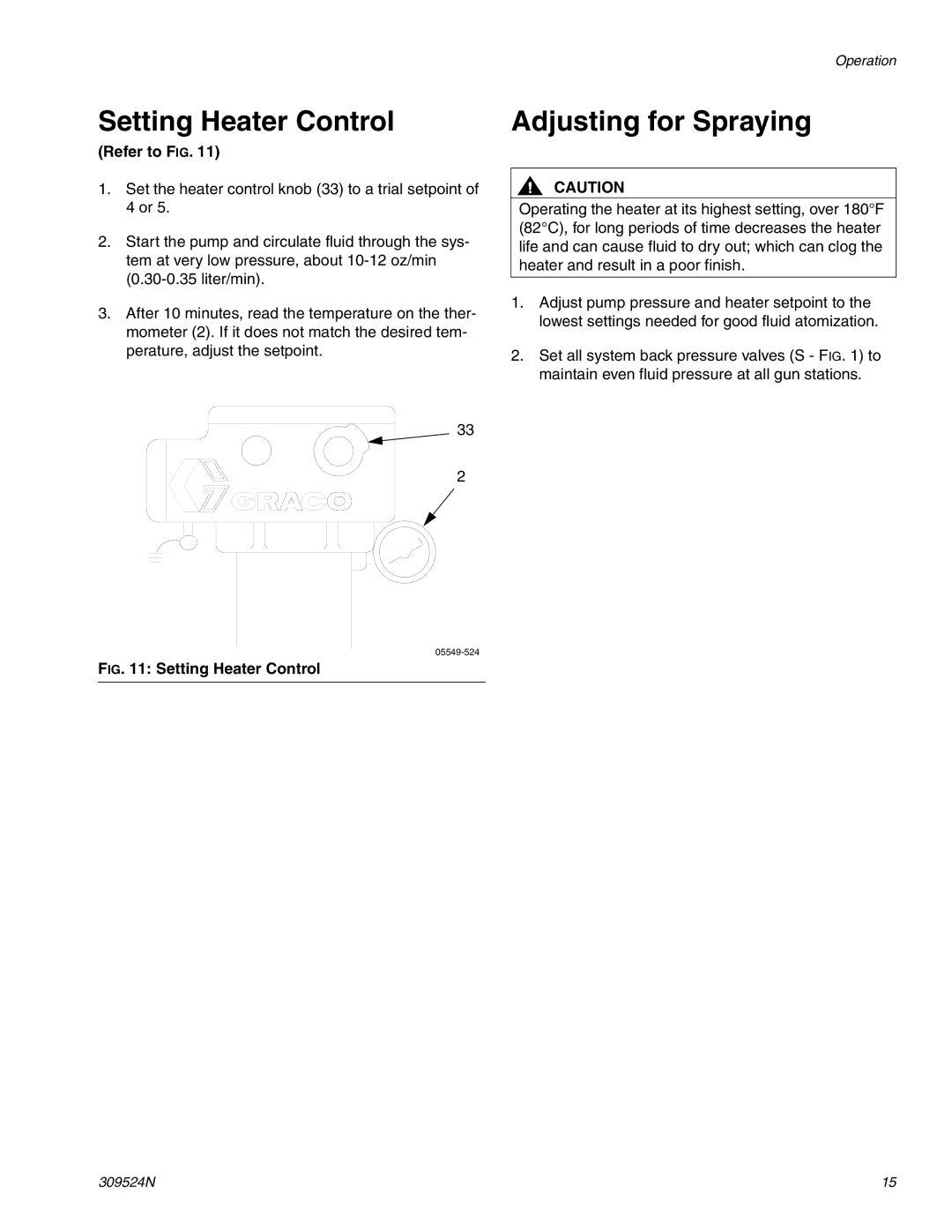 Graco 309524N important safety instructions Setting Heater Control, Adjusting for Spraying, Refer to FIG 