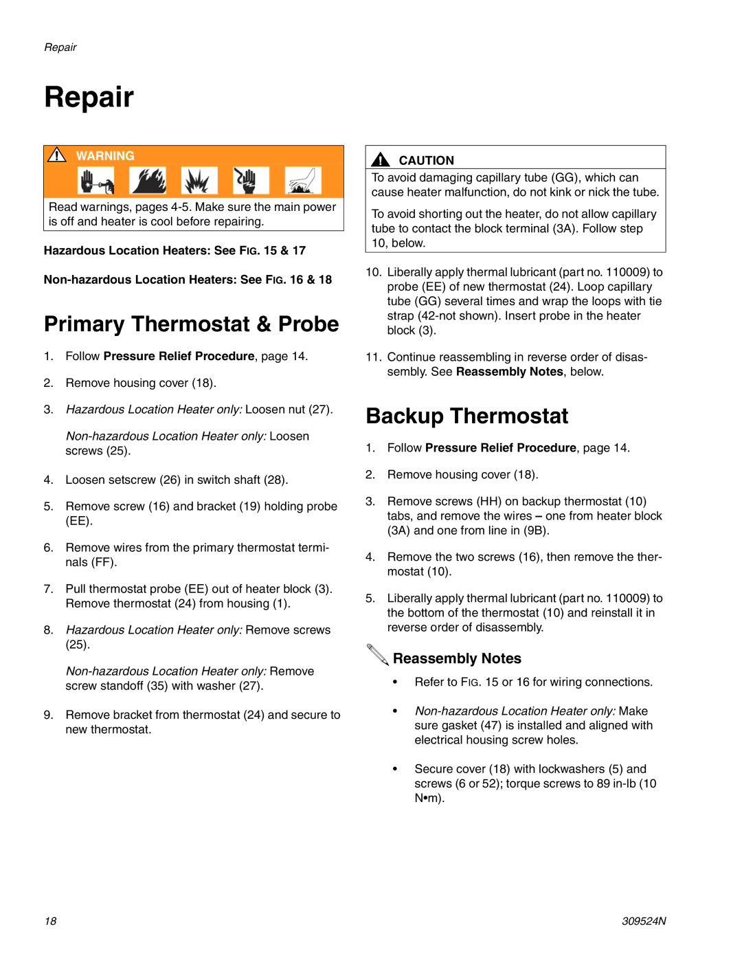 Graco 309524N important safety instructions Repair, Primary Thermostat & Probe, Backup Thermostat, Reassembly Notes 