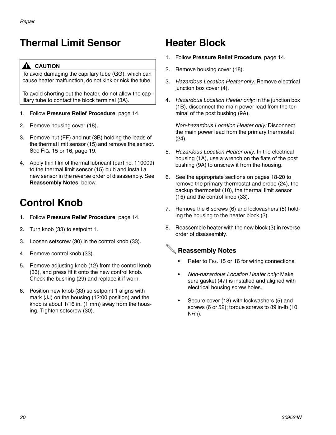 Graco 309524N important safety instructions Thermal Limit Sensor, Control Knob, Heater Block 