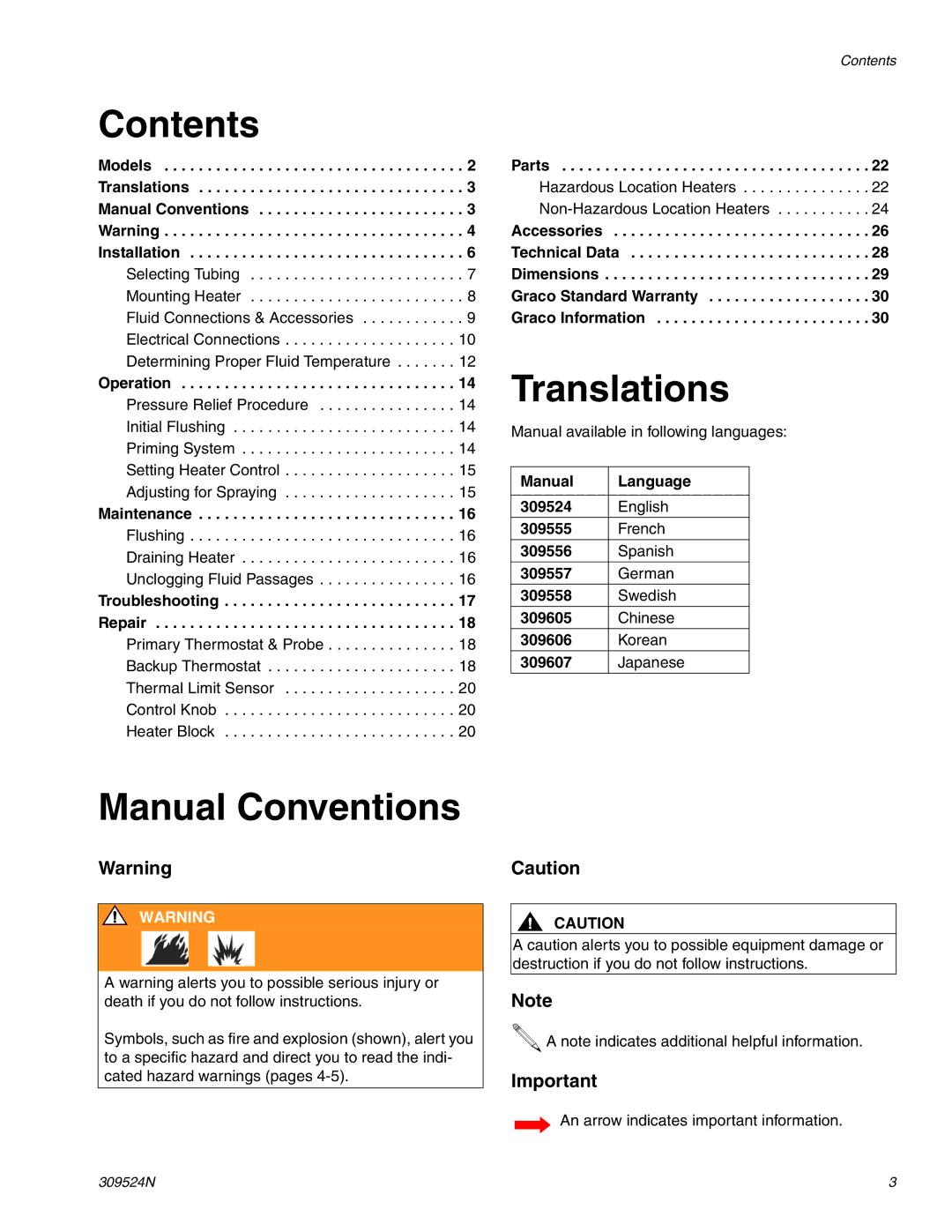 Graco 309524N important safety instructions Contents, Translations, Manual Conventions 