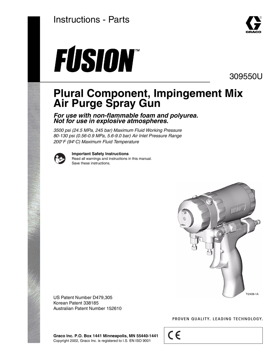 Graco 309550U important safety instructions Plural Component, Impingement Mix Air Purge Spray Gun 