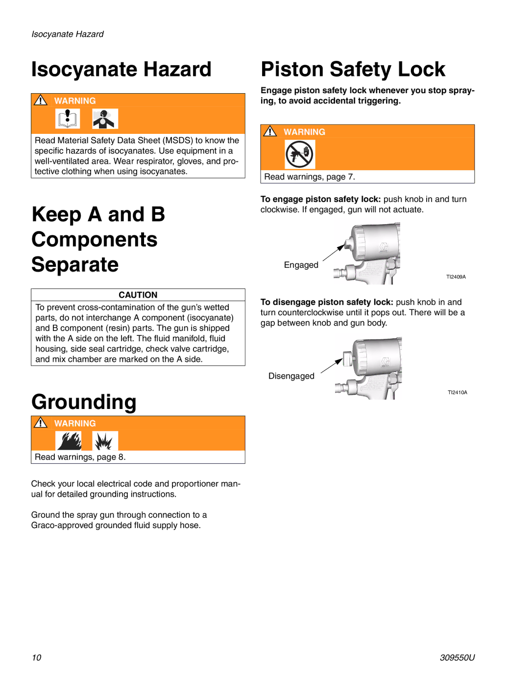 Graco 309550U Isocyanate Hazard, Keep a and B Components Separate, Grounding, Piston Safety Lock 