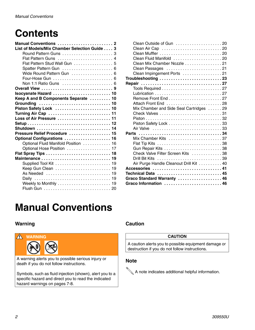 Graco 309550U important safety instructions Contents, Manual Conventions 