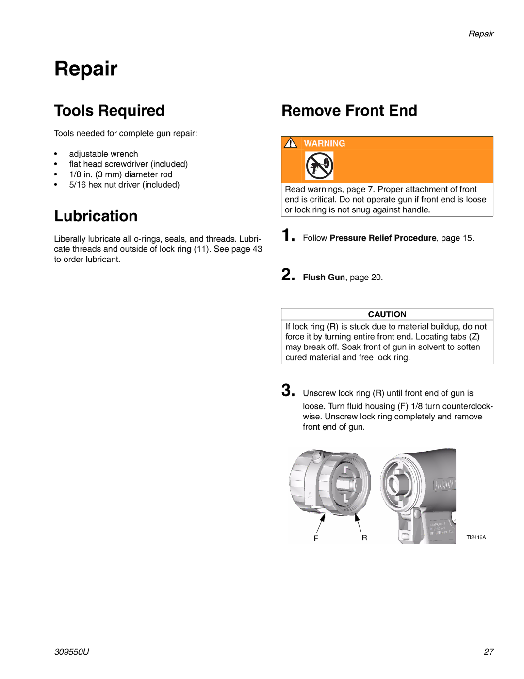 Graco 309550U important safety instructions Repair, Tools Required, Lubrication, Remove Front End 