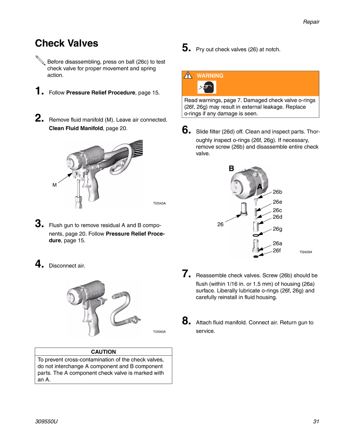 Graco 309550U important safety instructions Check Valves, Clean Fluid Manifold 