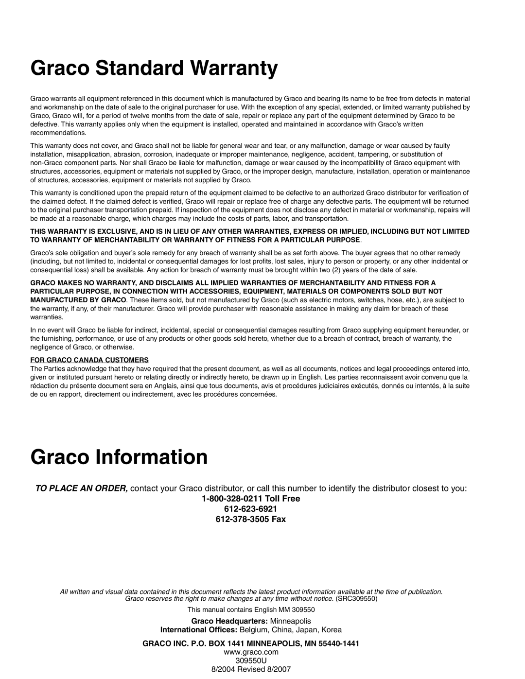 Graco 309550U important safety instructions Graco Standard Warranty, Graco Information, Toll Free 