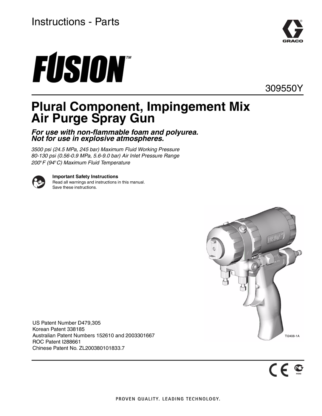 Graco 309550Y important safety instructions Plural Component, Impingement Mix Air Purge Spray Gun 